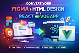 convert figma, HTML designs into a react, angular or vue app