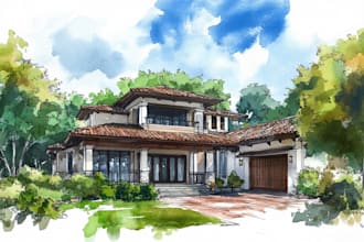 paint a watercolor house portrait or city space illustration
