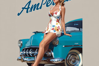 illustrate eye catching pinup girls with vintage cars  americana vibes