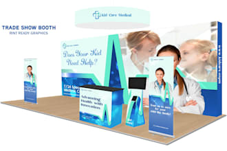 design trade show booth, exhibition stand, backdrop, podium and banner graphics