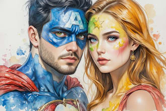 make watercolor super hero couple portrait