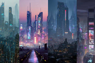create cyberpunk city concept, sci fi illustrations