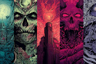 create detailed dark art illustrations for bands and merch