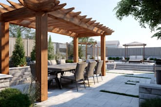 design landscape, backyard, pergola, patio with realistic