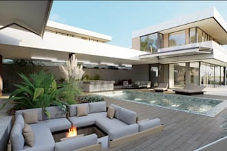 renovate modern house exterior, outdoor living space design, landscape,d5 render