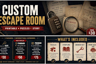 write and design a custom printable escape room game with puzzles and clues