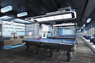 3d recreational room,billiard club interior, basement desig,cgi game room render