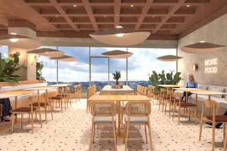 renovate 3d restaurants interior, design furniture layout, cafe bakery rendering