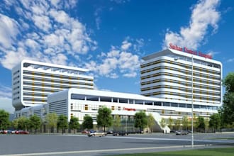 upgrade 3d hospital exterior, landscape design, front elevation, master plan,cgi