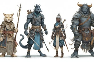 draw dnd art character, creature, game art, sheet, fantasy art and dnd party