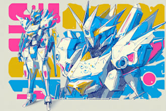 draw artsy character and mecha design in abstract style