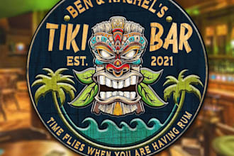 design personalized tiki bar logo and wood decor for pool bar