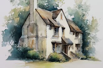 paint a watercolor house portrait or city space illustration