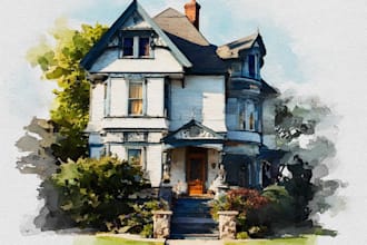 create a custom pen and watercolor house or building