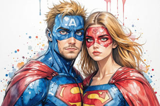 make watercolor super hero couple portrait