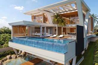 remodel modern mansion villa,exterior design,landscape rendering,rooftop,enscape