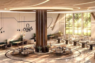remodel 3d restaurant interior, communal table design, coffee shop rendering