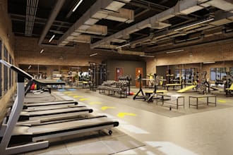 redesign 3d home gym,fitness center layout, commercial interior render,yoga room
