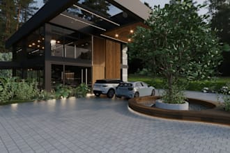 develop modern villa exterior,interior, wood frame construction, front elevation