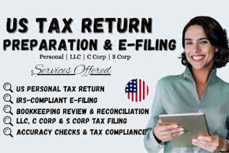 prepare and e file US tax returns for personal, llc, c corp, s corp, bookkeeping