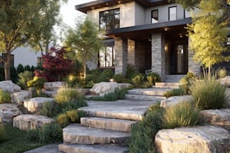 landscape design with front yard, backyard design, pool