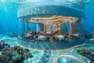 upgrade 3d underwater restaurant design,panoramic glass wall,aquatic environment