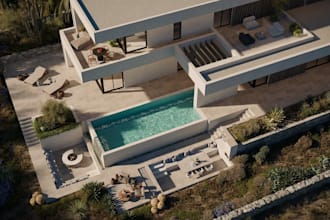 redesign mansion villa, modern resort pool, landscape design, 8k cgi rendering