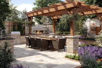 design backyard, landscape, patio, pergola, garden, pool