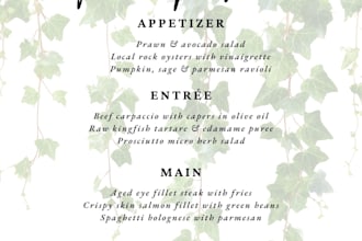 design wedding menu, price list, popup announcement
