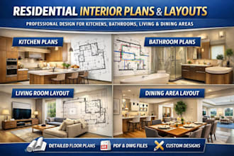 create residential kitchen plans, bathroom plan, living room, dining area layout