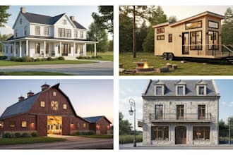 create realistic 3d farmhouse, tiny house, barn dominium, and facade renderings