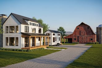 do 3d exterior rendering for modern farmhouse, tiny house and rustic barn