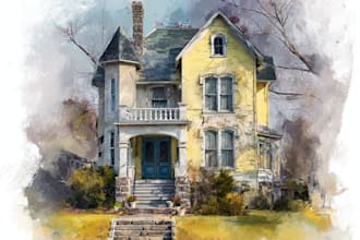 paint a watercolor house portrait or city space illustration