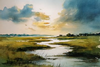 handrawn watercolor landscape on paper