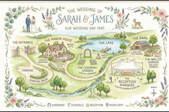 draw a custom watercolor illustration of wedding, venue map