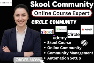 build online skool community, skool setup, kajabi community manager circle so