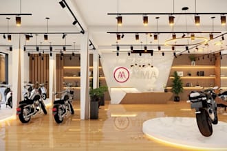 design 3d bike showroom, retail store layout render, reception area, hotel lobby