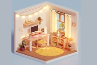 create isometric 3d bathroom, kitchen, living room concept and 3d rendering