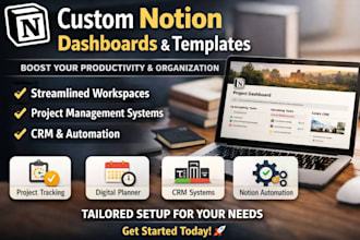 create a custom notion, goal tracker, dashboard workspace, business, automations