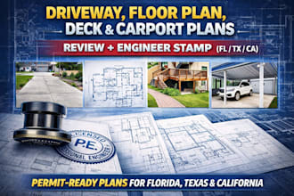 permit ready driveway, floor plan, deck carport drawings for california, texas