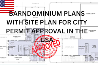 design barndominium plans with site plan for city permit approval in the USA