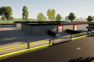 render 3dexterior factory,industrial warehouse,site plan landscape,parking space