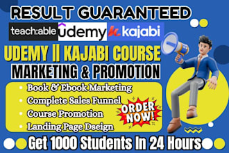 promote kajabi, udemy online course with sales funnel, and ebook marketing