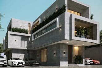 craft 3d concrete facade design,house exterior,outdoor lounge,car park,d5 render