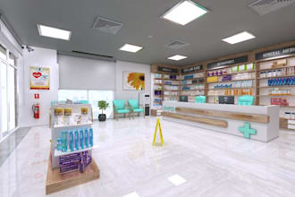 redesign old pharmacy shop, clinic store interior, reception, cgi layout render,