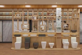stylish fashionable interior design, 3d modern showroom, wall panel design, skp