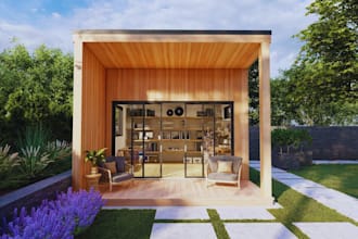 do 3d backyard studio design, garden studio, outdoor studio, garden room layout