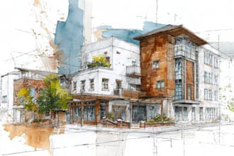 draw architectural sketches of exterior view of buildings