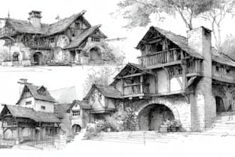 draw architectural sketches of building interior and exterior