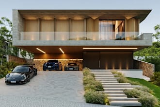 reinvent 3d stilt house,modern facade design, villa exterior render, 360 vr tour